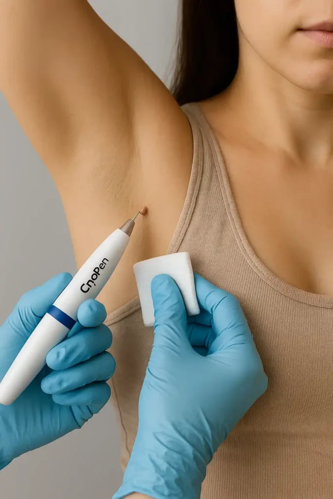 woman having cryopen to remove underarm skin tags Moss Side