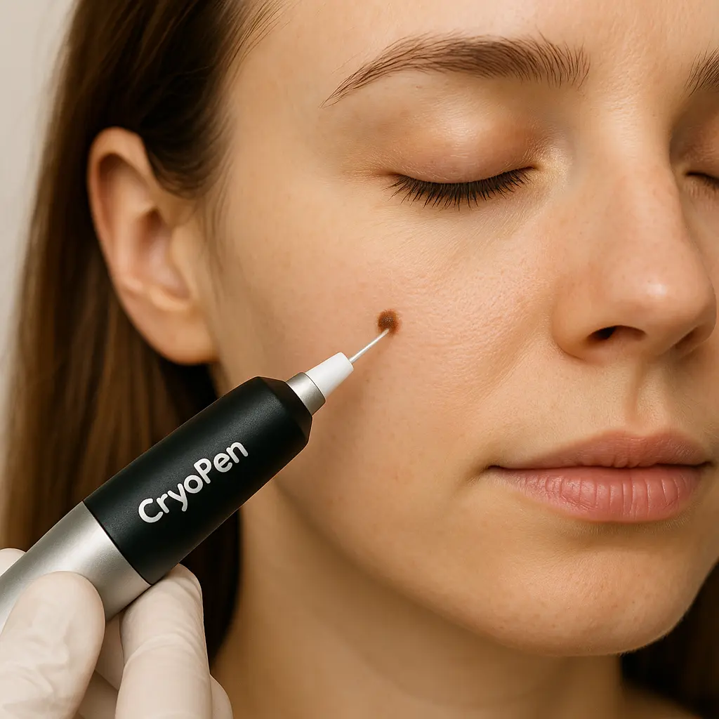 woman receiving facial mole removal Moss Side using cryopen 